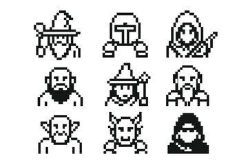 Fantasy character icon set in retro 8-bit pixel art style. RPG video game avatars collection. Vector outline wizard, knight, dwarf, orc, demon. Magical game assets.
