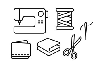 Sewing outline icon set. Tailoring and needlework supplies. Sewing machine, thread spool, fabric, needle, scissors. Handmade craft, DIY hobby, dressmaking concept icons.