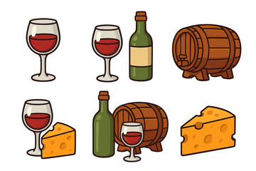 Set of wine and cheese icons for tasting. Vector cartoon illustration of red wine glass, bottle, barrel, and cheese. Food and drink concept for bar, restaurant menu, or winery.