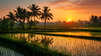 Obraz premium Exquisitely detailed depiction of a serene landscape featuring expansive rice fields and graceful spider lilies bathed in warm hues before the gentle harvest