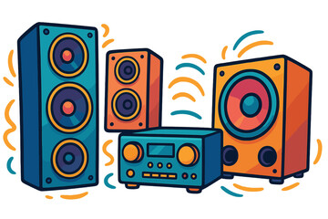 Colorful speakers and audio equipment vector cartoon illustration. Modern sound system with energy and style. Music concept for party, disco or festival. Loud stereo with bass sound.