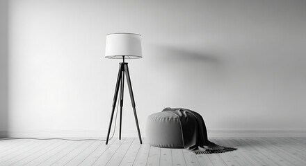 A minimalist interior scene featuring a tripod floor lamp and a round ottoman draped with a blanket against a white wall.