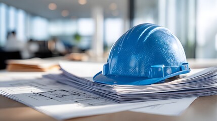 Intricately Detailed Blue Safety Helmet and Document Assembly Representing Construction Project Plans in a Modern Office Environment