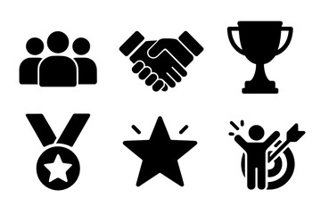 Team success and business achievement icon set. Vector symbols for goal, partnership, and victory. Collection of corporate glyphs including trophy, medal, and handshake.
