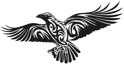 Obraz premium Stylized Raven Silhouette with Tribal Art Elements for Creative Projects and Graphic Design on Transparent Area