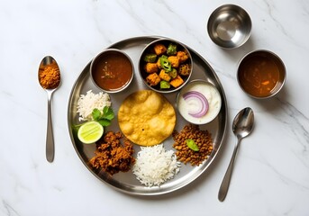 Overhead shot of a Navratri thali of Indian cuisine on a stainless steel plate, minimalist style, white marble background, stark studio lighting, modern food photography