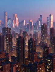 Obraz premium a vibrant city skyline featuring skyscrapers and corporate buildings at dusk perfect for urbanthemed projects