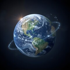 Fototapeta premium A blue and green planet with the sun shining on it. The planet is surrounded by a ring of light. 