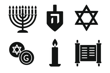 Hanukkah solid glyph icon set. Jewish holiday symbols collection. Menorah, dreidel, Star of David, gelt, Torah scroll, and candle. Judaism tradition vector illustration.