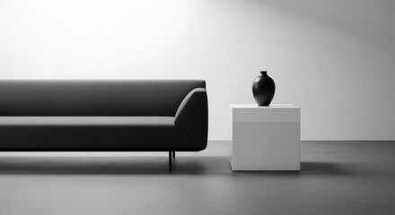 Modern minimalist living room with a black sofa and white side table.
