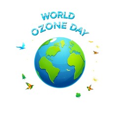 A blue and green planet with birds flying around it. The planet is surrounded by a white background. The text reads "World Ozone Day".