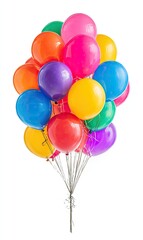 Cluster of colorful balloons on a bunch of strings against a white background