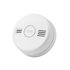 Photo of a white round smoke detector with a test button and ventilation slots, isolated on transparent background