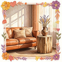 Sunlit living room with leather sofa, wooden table, and lavender bouquet.