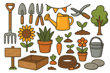 Gardening tools and plants vector icon set. Cartoon clipart collection for hobby farming. Includes shovel, fork, watering can, sprout, flower. Cute doodle illustration for spring.