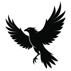 Black silhouette of a bird of prey with wings spread in flight on white flying outstretched