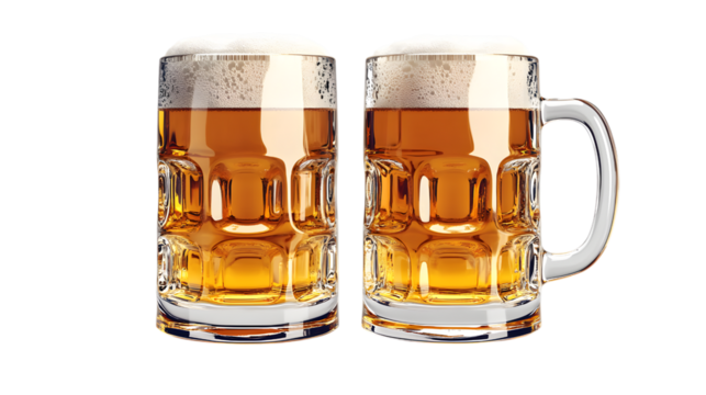 Two Mugs of Golden Beer with Frothy Heads on a Checkered Background for Refreshment and Socializing