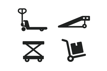 Material handling equipment icon set. Warehouse logistics symbols. Pallet jack, loading ramp, scissor lift, and dolly solid vector icons. Shipping, cargo, freight, delivery pictogram.