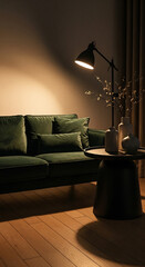 A cozy and modern living room interior featuring a dark green velvet sofa, a stylish black floor lamp casting warm light, and a minimalist side table with decorative vases.