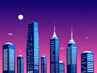 City Skyline Under a Purple Starry Sky