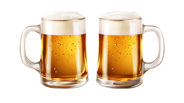 Two Refreshing Beer Mugs with Thick Foam on a Transparent Backdrop for Social Events and Relaxing Moments