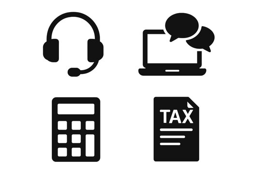 Tax advisor icon set. Financial consultant and accounting service symbols. Online support with headset and laptop chat. Tax declaration, calculation, and finance document icons.