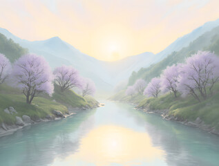  Sunrise Over a Serene River Valley with Cherry Blossoms