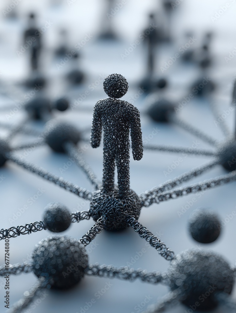 Poster conceptual image of a network with a central figure representing leadership and teamwork