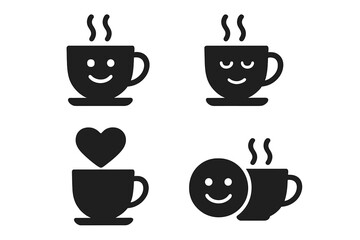 Obraz premium Tea time and coffee break emotion icons. Solid glyph icon set with happy smiley face, relaxed mug, and heart cup. Vector symbols for positive feelings and hot beverages.