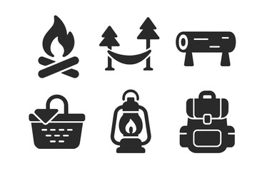 Camping icon set. Hiking, nature and outdoor activity solid glyph icons. Campfire, hammock, picnic basket, backpack, lantern, log bench. Vector adventure and travel symbols.
