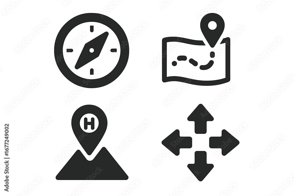 Aufkleber navigation solid glyph icon set. compass for direction, map with path for gps route. location pin fo
