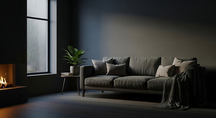 Modern living room interior with sofa, plant, and fireplace in a minimalist style.