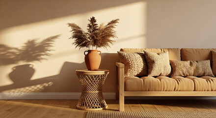 Cozy living room with warm sunlight and natural decor.
