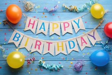 Birthday banner with colorful balloons and confetti on a light blue wooden surface