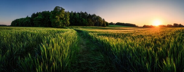 Panoramic view of a field of green wheat at sunset, with a path leading through it and a line of trees in the background