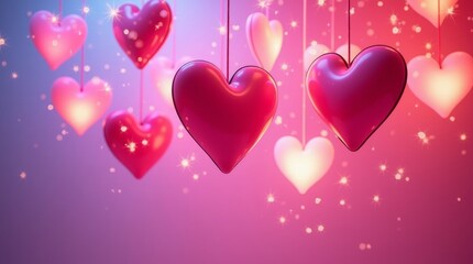Pink and red hearts hanging with sparkles love