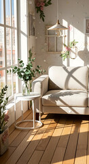 Sunlit living room with a beige sofa and plants.