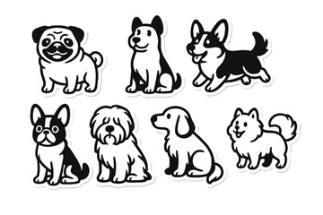 Dog sticker set. Cute cartoon pet animal collection. Vector black and white illustration of various breeds for printing. Puppy, pug, corgi, french bulldog graphic icons.