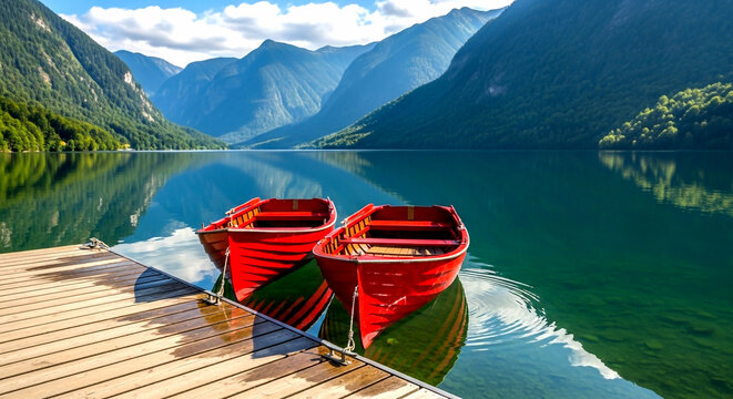 Two red rowboats docked on wooden pier serene lake majestic mountains scenic landscape