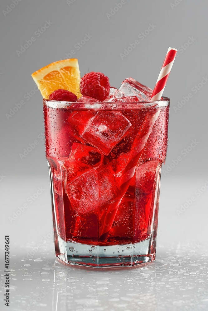 Poster refreshing red raspberry cocktail garnished with orange slice and paper straw