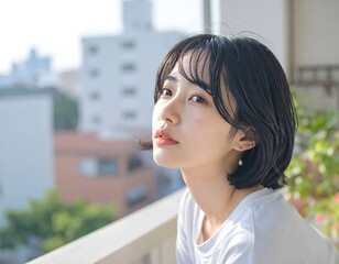 柔らかな光に包まれた女性、朝の幻想