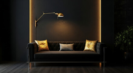 A luxurious black sofa with gold cushions sits in a dark, modern living room illuminated by a stylish wall lamp and accent lighting.