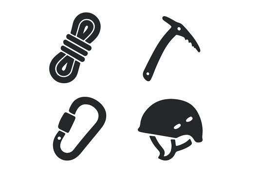 Mountain climbing gear icon set. Solid glyph symbols of mountaineering equipment. Vector collection with rope, ice axe, carabiner, helmet for alpinism, hiking and safety.