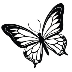 Black silhouette of a butterfly with patterned wings on a white background Keywords: butterfly, insect