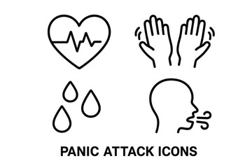 Obraz premium Panic attack symptoms icon set. Line icons for anxiety, stress, phobia, fear. Mental health concept. Heart palpitation, trembling hands, sweating, hyperventilation signs.
