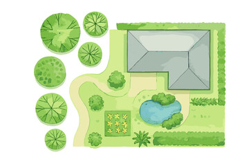 Watercolor landscape architecture plan. Top view of a house with a garden, trees, a pond, and path. Vector illustration set for garden design, real estate, and map making.