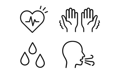 Panic attack symptoms icon set. Line icons for anxiety and stress. Pounding heart, trembling hands, sweating, hyperventilation. Mental health disorder vector pictogram collection.