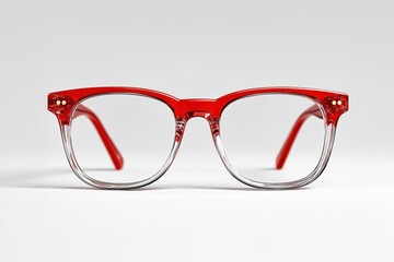 Red eyeglasses frame resting on white background
