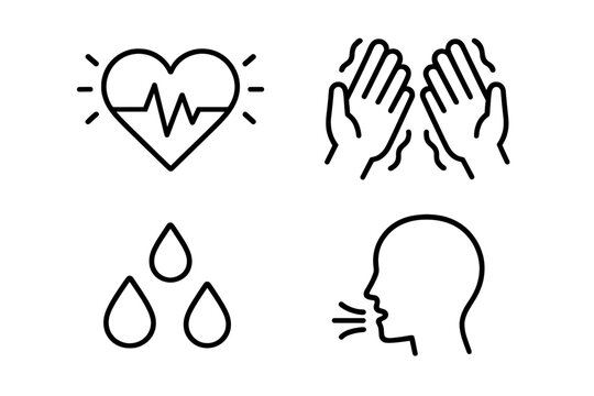 Panic attack symptoms icon set. Outline vector icons for anxiety and stress indicators like pounding heart, trembling hands, sweating, and rapid breathing. Mental health concept.