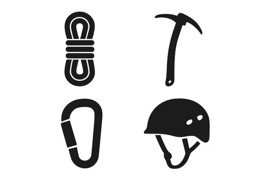 Mountain climbing gear vector icon set. Solid glyph silhouette symbols for mountaineering, alpinism, and outdoor adventure. Includes rope, ice axe, carabiner, and helmet.